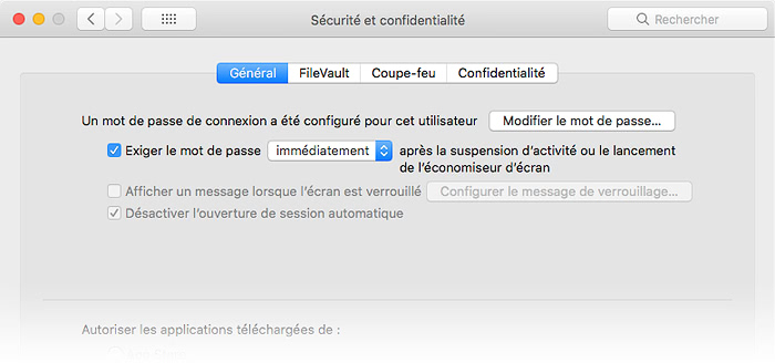 Configuration Sécurité dans Préférences Systèmes