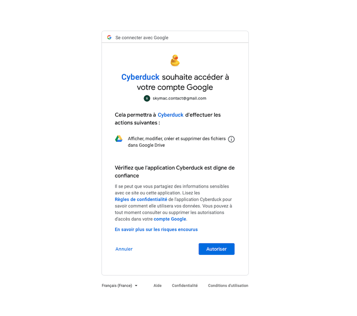 Mountain Duck - Validation de la connexion sur Google Drive