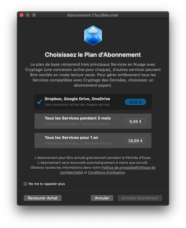 CloudMounter - Sélection du plan d'abonnement